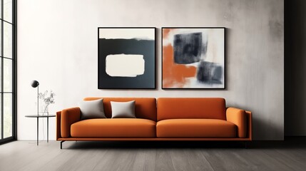 Modern living room with an orange sofa, two abstract paintings on the wall, a small side table with a lamp, and a minimalist design.