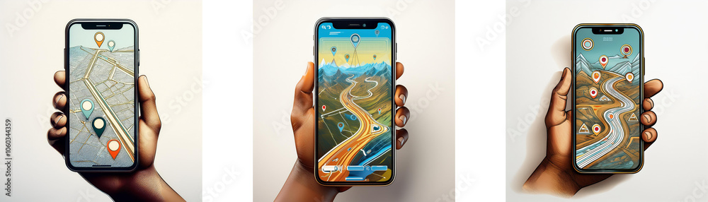 Leinwandbilder three hands hold smartphones displaying navigation apps with different maps, one a city view, one wi