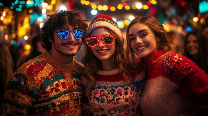 festive ugly sweater contest, friends at a holiday party showcase their creativity in an ugly sweater contest, with blinking lights and festive patterns, amid cheerful decor