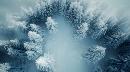 Aerial View of Snowy Forest