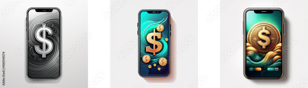 Poster Three smartphone screens are displayed, each with a different design. They all feature the dollar sign, signifying financial themes.