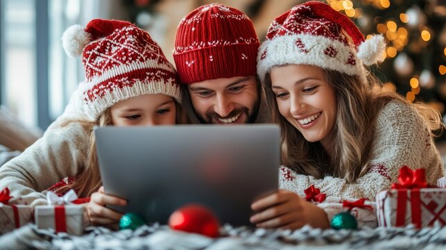 family looking at Green Monday deals on a laptop discussing holiday shopping, last-minute gifts, and quick delivery