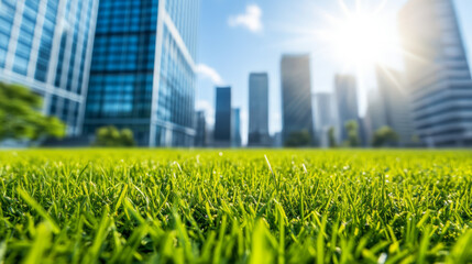 Lush green grass in modern city plaza with towering skyscrapers under bright sun. vibrant landscape...