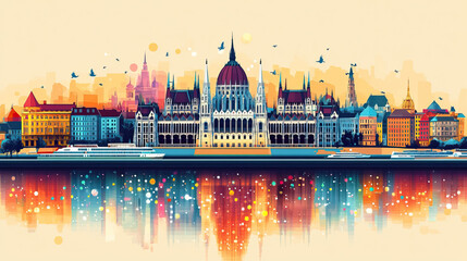 Budapest, Hungary, Pop Art style theme print. Cityscape, city skyline.Vibrant, bright, modern, trendy, graphic designed for poster, card, wallpaper
