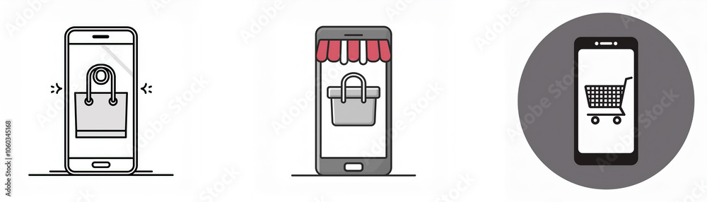 Poster three different simple illustrations of smartphones, each depicting a different aspect of online sho