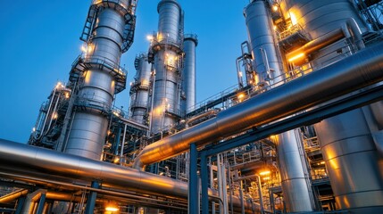 Close-up of distillation towers refining fuel in a sleek and well-organized facility