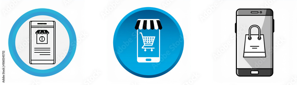 Poster three icons depicting a smartphone with different shopping related symbols.