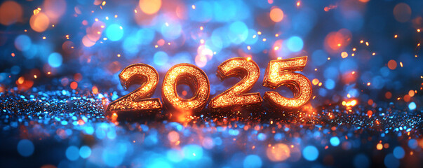 Golden number 2025 and fireworks on blue sparkle and glitter bokeh background. Merry Christmas and Happy New Year celebrating winter holiday background.