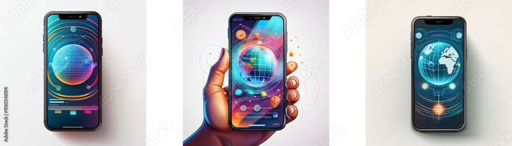 Poster Three smartphones display different colorful futuristic graphics, each with a globe-like design.