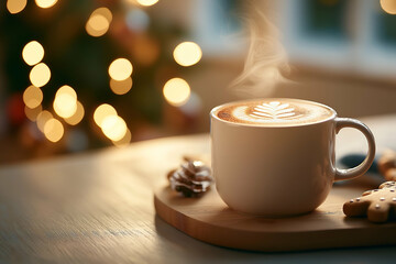Cozy Holiday Latte in a Festive Mug with Christmas Decorations and Warm Bokeh Lights