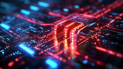 Circuit Board with Neon Lights 3D Illustration