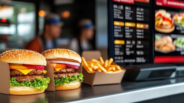 Fast Food Delight: Juicy Cheeseburgers and Crispy Fries at a Modern Fast-Food Restaurant Counter