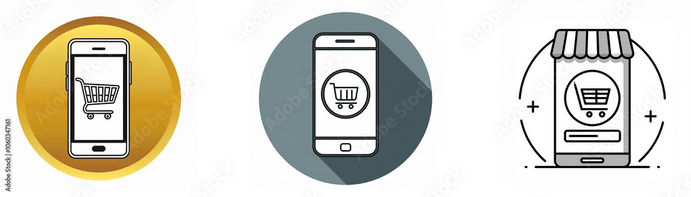 Poster three icons depicting a smartphone with a shopping cart inside.