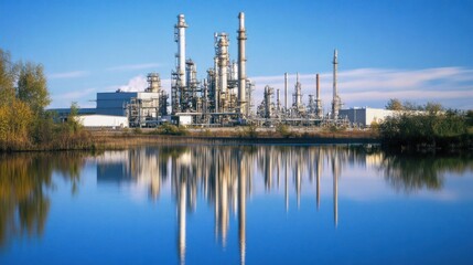 An oil refinery plant reflected in calm water, blending serene natural beauty with the industrial environment