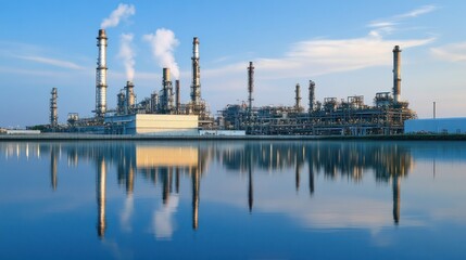 Naklejka premium An oil refinery plant reflected in calm water, blending serene natural beauty with the industrial environment