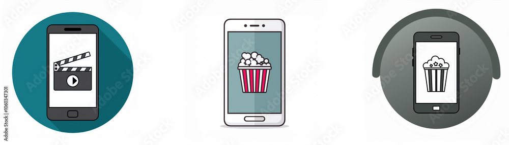 Poster three smartphones with icons on their screens: a clapperboard, a bucket of popcorn, and a bucket of 