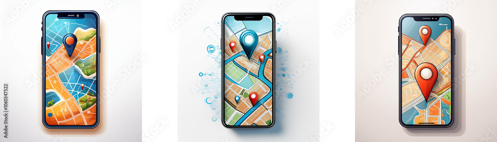 Aufkleber three smartphones with maps on their screens and location pins.