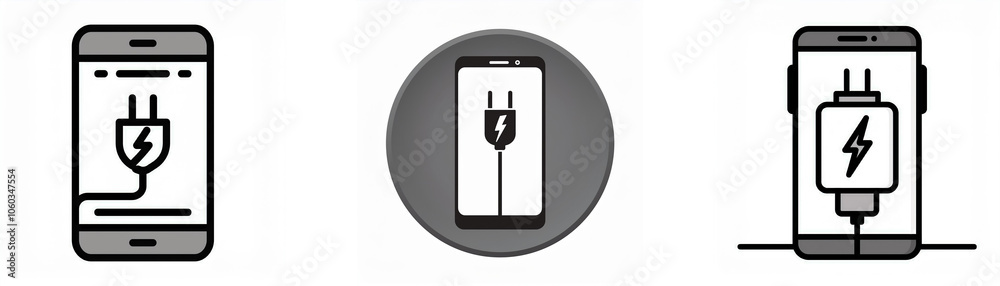Poster three simple illustrations depicting a smartphone charging with a plug and a lightning bolt.