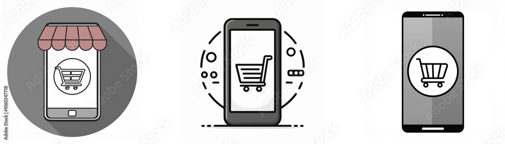 Poster three icons depict different ways to use a smartphone for shopping.