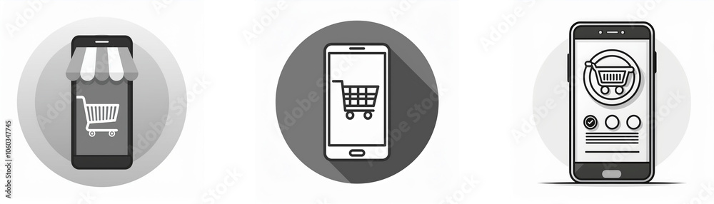 Poster three black and white icons depict a smartphone with a shopping cart inside a circle.
