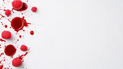 Creative arrangement of splashes of ketchup and tomato sauce on a pristine white background for artistic culinary design and decoration