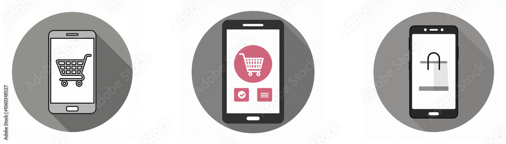 Poster Three gray circles with a smartphone on each. Each screen has a unique shopping related icon.