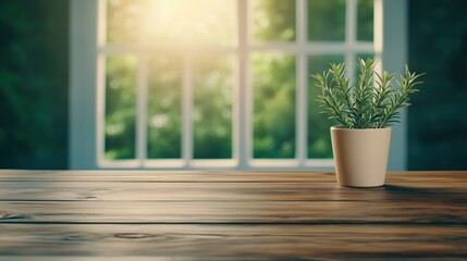 Fototapeta premium A small potted plant on a wooden table near a sunlit window, creating a fresh and calming atmosphere.