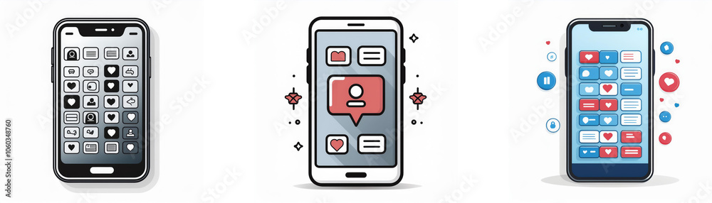 Leinwandbilder three different smartphones display various icons and app interfaces.