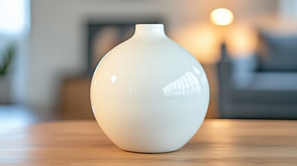 Elegant white ceramic vase on a wooden table in a cozy, softly lit room, AI