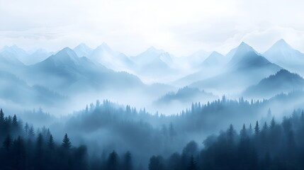 Obraz premium A foggy morning in the mountains, with mist rolling over the peaks and trees barely visible through the haze