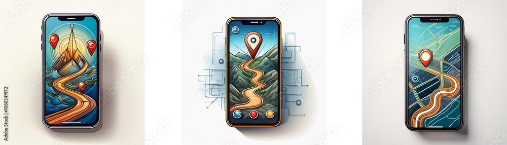 Poster three smartphones with different backgrounds displaying a winding road leading to a destination pin 