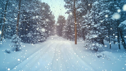 Obraz premium Snow-covered trees under a pale blue winter sky, road winding through a dense forest