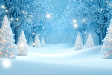 Fototapeta premium Snow-covered trees under a pale blue winter sky, road winding through a dense forest