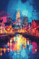 Obraz premium Charleston, South, Pop Art style theme print. Cityscape, city skyline.Vibrant, bright, modern, trendy, graphic designed for poster, card, wallpaper