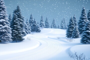 Obraz premium Snow-covered trees under a pale blue winter sky, road winding through a dense forest