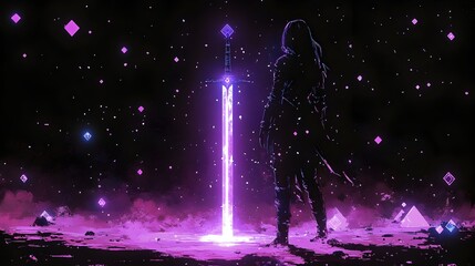 Glowing Sword Casting Ethereal Purple and Blue Shadows in Psychedelic Geometric Fantasy Landscape