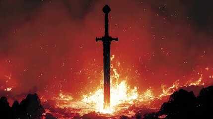 Sword of Eternal Flame Erupting from a Fiery Apocalyptic Landscape