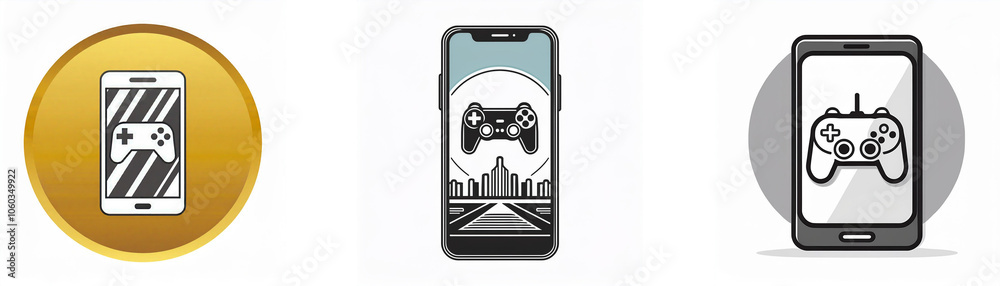 Poster Three different designs of a smartphone with a video game controller on the screen.