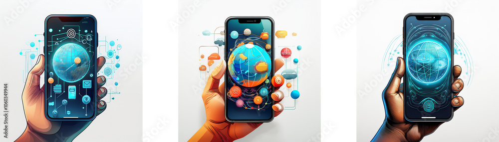 Aufkleber a hand holds a smartphone with a digital globe on the screen.