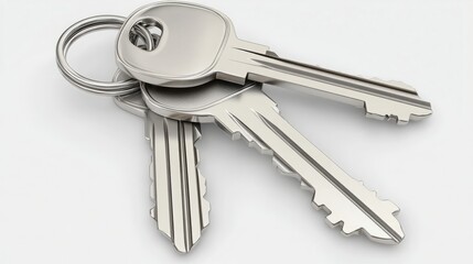 Crisp 3D render of a set of keys featuring a detailed keychain, captured with sharp, clear details. The keys and keychain are centered on a white background