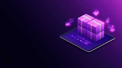 Digital illustration of gift boxes floating above a tablet with a dark purple background.