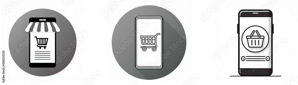 Poster three illustrations of a smartphone displaying shopping cart icons.