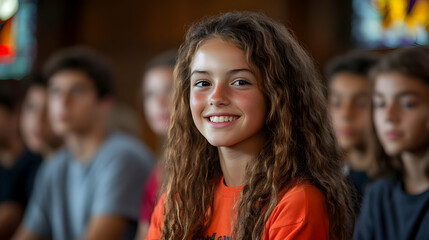 Fototapeta premium Smiling Girl with Curly Hair in an Orange Shirt - Photo