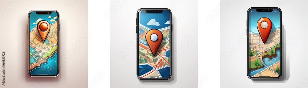 Leinwandbilder three smartphones with maps displayed, each with a red pin marker on the screen.