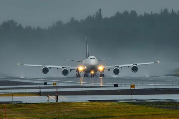 Large commercial jet airliner is taking off from a runway in the rain.