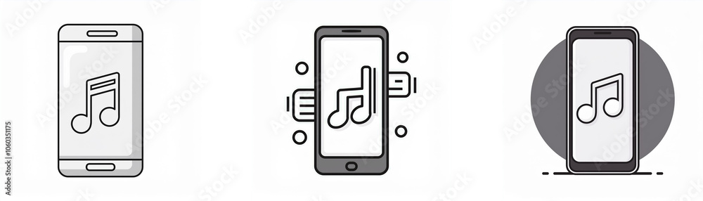 Poster three different illustrations of a smartphone with music notes on the screen, with one showing a plu