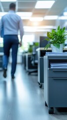Office scene with a professional walking past a filing cabinet and a green plant, modern workspace atmosphere.