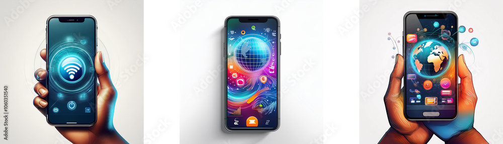 Poster three hands are holding smartphones with vibrant screens. the screens display digital content includ
