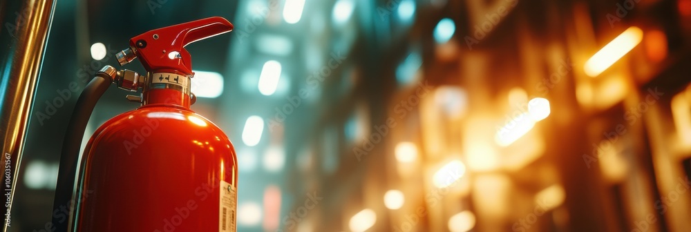 Poster a bright fire extinguisher is positioned prominently in the foreground, with a blurry urban building
