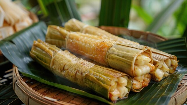 Traditional Indonesian food lemang served on banana leaves.